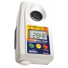 This automatic digital handheld refractometer measures brake fluid quality by determining DOT3 and DOT4 boiling points. It has a measurement accuracy of +/-5.0°C and a resolution of 5°C. Suitable for automotive service centers and fleet maintenance to check brake fluid moisture content.