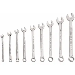 This 9-piece SAE 12-point combination wrench set is constructed from alloy steel with a nickel chrome finish. Each wrench features a 15° offset head angle for improved access in confined spaces. The set is suitable for tightening and loosening SAE fasteners in general mechanical and maintenance tasks.
