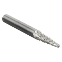 Double-cut ball-nosed cone bur with a 1/8" x 3/8" head and 1/8" shank. Trade number SL-41. Used for deburring, shaping, and finishing metal surfaces, including steel and cast iron, in tool and die, aerospace, and automotive applications