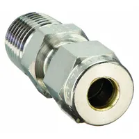 Double-ferrule compression fitting with 1/8 in OD tube size and 1/8 in male NPT thread. Made of stainless steel for corrosion resistance. Used to connect tubing to threaded ports in instrumentation, hydraulic, and pneumatic systems