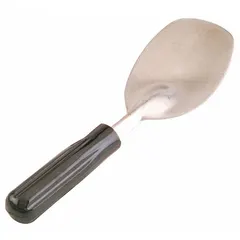 This stainless steel serving spoon is designed for scooping and serving ice cream in commercial kitchens, cafeterias, and food service operations. It features a 9-inch overall length and a silver finish. The utensil is not NSF certified.