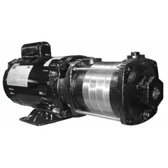 Horizontal booster pump with 3/4 hp motor, single phase, 115/230V AC. Delivers 10 gpm at best efficiency flow and 93 psi shut-off pressure. Used to increase water pressure in commercial and industrial systems such as multi-story buildings, irrigation networks, and process water lines.
