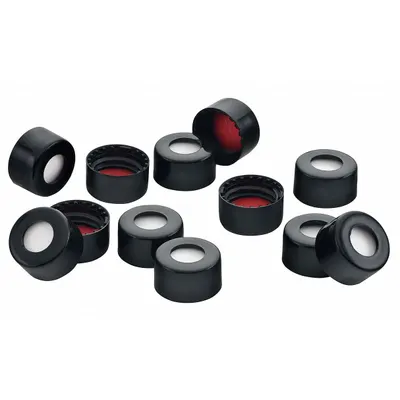 CHEMGLASS Closure: 13 mm Dia, Black, PTFE, 13-425 mm Screw Closure Size, Autoclavable - Snap On Bottle Caps