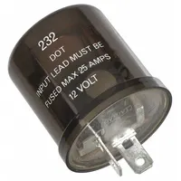 2-terminal flasher relay for automotive turn-signal and hazard-light circuits. Rated 12V DC, 20 A, with adjustable flash rate of 1 to 10 per minute. Compatible with cars