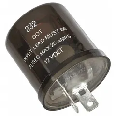 2-terminal flasher relay for automotive turn-signal and hazard-light circuits. Rated 12V DC, 20 A, with adjustable flash rate of 1 to 10 per minute. Compatible with cars.