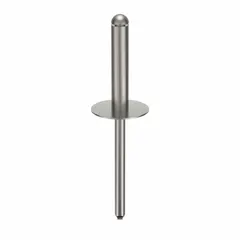 Large flange blind rivet with 0.122-inch diameter and 2 7/32-inch overall length. Body length is 59/64 inch. Plain finish. Supplied in a 100-piece pack. Used for fastening applications where a large flange distributes load over a wider surface, common in metal fabrication and sheet-metal work.