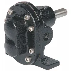 This pedestal-mount rotary gear pump features a cast iron body and 1/2" FNPT ports. It delivers 10.7 gpm and is designed for industrial fluid transfer applications such as lubrication circuits or chemical processing where leak-free operation is required.