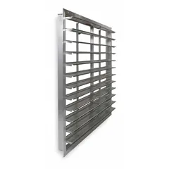This wall-mount backdraft damper is designed for vertical installation in wall openings to allow horizontal exhaust airflow while preventing reverse airflow when the fan is off. It features double-panel construction with flat aluminum blades and a maximum air velocity of 2500 fpm.
