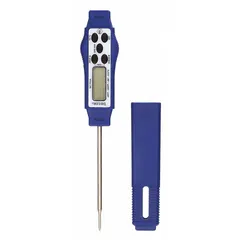 Stem thermometer with LCD display, 5 3/4 in overall length and 3/16 in diameter. Plastic case and lens. Accuracy ±1 °C. Waterproof and dishwasher safe. NSF Certified. Used for temperature measurement in food service and processing.