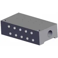 This SMC SYJ Series manifold is a 5-port side port bar manifold with a coefficient of volume (Cv) of 0.12. Constructed from aluminum, it includes an exhaust port for pneumatic system integration. Used in industrial automation to direct compressed air to actuators or valves