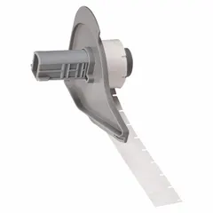 White autoclavable polyester precut label roll measuring 1/2 in x 1/2 in. Halogen-free material suitable for sterilization cycles. Compatible with Brady M710 printer series. Used for industrial identification in environments requiring cleanroom or autoclavable labels.