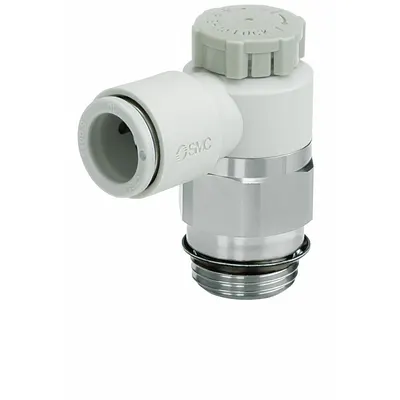 SMC Speed Control Valve: Elbow Fitting, Screw, 1/4 in/1/8 in Valve Body Size - Elbow-Style Speed Control Valves