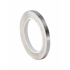 Silver, acrylic embossed foil tape with 4 mil thickness and 600 V voltage rating. Provides electrical conductivity and insulation for EMI/RFI shielding, grounding, and splicing in industrial electrical enclosures and cable assemblies.
