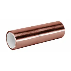 Copper foil tape rated for 600 V. Used for EMI/RFI shielding, grounding, and splicing in electrical enclosures and control panels. Length: 6 yd. Thickness: 3.5 mil.