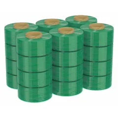 Light green stretch wrap film with handle and brake for controlled dispensing. Each roll is 2 inches wide and 1,000 feet long. Supplied as a 24-pack of 1-side rolls. Used for bundling, securing, and protecting items during storage or transport in warehouses, shipping departments, and manufacturing facilities.