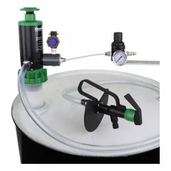 This air and hand-operated piston drum pump is designed for transferring fluids from drums or containers. It features a 1:1 ratio, a maximum flow rate of 4.5 gpm, and a polypropylene (PP) suction tube. The pump includes a discharge hose and nozzle for convenient dispensing.