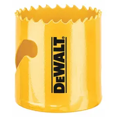 This DEWALT hole saw is designed for cutting multi-material surfaces such as wood, metal, and plastic. It features a bi-metal construction with 4/5 teeth per inch and a maximum cutting depth of 1-3/4 inches. The 2-1/8-inch diameter saw is commonly used in construction, electrical, and plumbing applications for creating clean, precise holes in sheet materials. Sold without arbor.