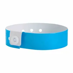 Blue vinyl security wristband with no legend, measuring 10 inches in overall length and 3/4 inch in overall width. Supplied in a 500-pack. Suitable for access control, event management, and patient identification applications.