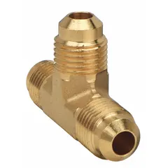 Brass 45-degree flare tee fitting for joining three tubes of 3/16 in OD. Suitable for fluid power and instrumentation systems requiring leak-resistant connections. Meets SAE J513 standards. Supplied as a 10-pack.