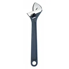 General purpose adjustable wrench with a black phosphate finish. Overall length of 15 inches and jaw capacity of 1 11/32 inches. Used for tightening or loosening nuts and bolts in maintenance, plumbing, and mechanical tasks.