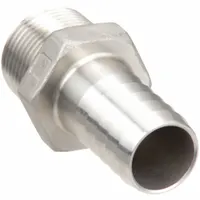 This 316 stainless steel rigid barbed hose fitting connects 3/8 in hose ID to an NPT threaded port. It features a male x male connection with a hex nipple grip for secure tightening. Suitable for air, water, and chemical lines in industrial fluid-handling systems