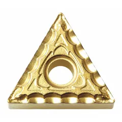 This triangle-shaped indexable turning insert is made of carbide and designed for use with TNMG-style toolholders. It is suitable for turning operations on lathes, including external and internal surface machining, facing, and profiling of steel and stainless steel materials.