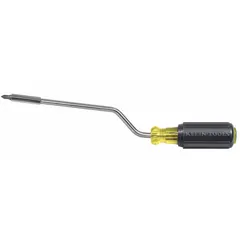 Offset multi-bit screwdriver with #2 Phillips and 3/16 in slotted tips. Quick-change mechanism allows fast bit swaps. Offset handle provides access in confined spaces for driving fasteners in electrical panels, junction boxes, and general maintenance tasks.