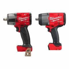 Set of two M18 FUEL impact wrenches, tool-only units (battery and charger not included). Each operates on 18 V DC and is part of the M18 system. Designed for heavy-duty fastening and loosening of bolts and nuts in automotive, construction, and industrial maintenance applications.