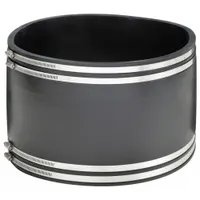 Flexible transition fitting for 15-inch pipe, compatible with copper, iron, PVC, and steel. Overall length 10 inches. Used to connect pipes of different materials in above-ground plumbing and industrial systems, accommodating misalignment and reducing stress on joints