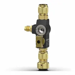 Aluminum valve core remover with 1/4 in Male SAE Right-Hand connection for recovery applications. Includes a sight glass for flow monitoring. A2L compatible for use with mildly flammable refrigerants.
