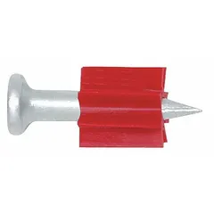 Straight pins for powder-actuated tools, used to fasten materials such as steel or concrete in construction and framing applications. Each pin has a 1-1/4 in overall length, 0.3 in head diameter, and 0.15 in shank diameter. Supplied in a 100-pack.