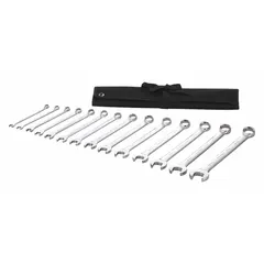 This 14-piece set of metric combination wrenches features a chrome finish for corrosion resistance. Each wrench has a 12-point box end for secure engagement with hex fasteners and an open end for quick positioning. The set covers head sizes from 6 mm to 19 mm, suitable for tightening and loosening metric nuts and bolts in automotive, machinery, and industrial applications. Includes a storage pouch.