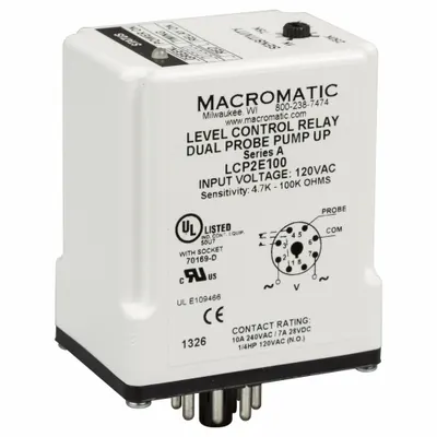 MACROMATIC Liquid Level Relay: Socket Mounted, Dual Probe, 10 A Current Rating, 120V AC - Socket-Mounted Relays