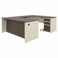 This U-shaped office desk from the Prestige+ Series features a White Chocolate laminate particle board construction with an Antigua desktop. Measuring 71 1/8 inches wide by 92 5/8 inches deep, it provides a large wraparound work surface suitable for executive or managerial workspaces