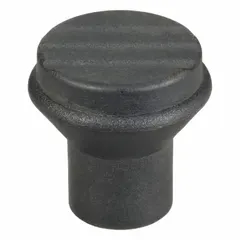 Pull knob with a 21 mm diameter plastic body and a stainless steel #8-32 threaded hole. Thread length is 10 mm. Used as a manual grip for pulling or adjusting machine guards, jigs, and fixtures in industrial equipment.