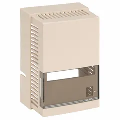 Beige plastic cover for Siemens 192 series pneumatic thermostats. Includes built-in thermometer, setpoint window, and logo. Designed for vertical mounting. Compatible with model 192-203.