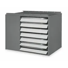 This low-profile suspended gas unit heater is designed for wall or ceiling mounting in commercial and industrial spaces. It delivers 120,000 BtuH heating capacity input using propane fuel and a propeller fan. The unit is field convertible for combustion type and features a 1/2 in NPT male gas connection. Overall dimensions are 22-5/8 in H x 30 in W x 26-3/8 in D.