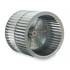 This dual-inlet forward-curved blower wheel has a 9 7/16 in diameter and 9 1/2 in width. Constructed of steel with a concave design, it rotates CCW hub end. Suitable for moving moderate air volumes against low to medium static pressures in HVAC and ventilation systems.