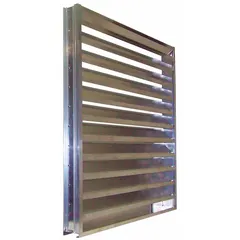 This drainable stationary-blade louver is designed for intake applications in ventilation systems. It features a recess mount and a hat channel design, allowing installation flush with the building surface. Rated for maximum air velocity of 3000 fpm, it is suitable for use in building facades, mechanical rooms, and equipment enclosures where weather-resistant airflow is required.