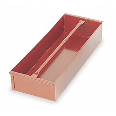 Steel tote tray with a brown finish, measuring 8 inches wide, 22 3/16 inches long, and 4 inches high. Designed for organizing and carrying tools, parts, and small hardware on job sites. Can be used standalone or fitted inside larger jobsite boxes.