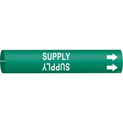 This snap-on pipe marker identifies supply lines in piping systems. It features a green background with white legend and arrows to indicate pipe contents and flow direction. Designed for pipe outer diameters from 2-1/2 to 3-7/8 inches. Each order includes one marker.