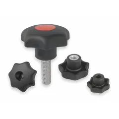 7-arm knob with threaded stud for manual adjustment and clamping on industrial machinery, jigs, and fixtures. Plastic body with steel thread insert. M10 thread, 45 mm thread length, 40 mm diameter.
