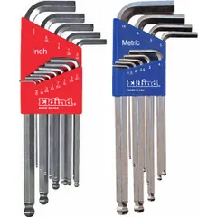 L-shaped hex key set with ball-end on long arm for angled entry. Includes metric and SAE sizes in a holder. Bright finish. For driving hex socket screws in assembly and maintenance tasks.