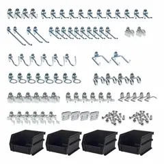 This hook and bin assortment kit is designed for round-hole pegboard with 1/4 in and 1/8 in peg holes and 1 in hole spacing. Includes ten 2-1/2 in single rod 30° bends made of steel with a zinc-plated silver finish. The screw-in locking system secures accessories for surface mounting in workshops or garages.