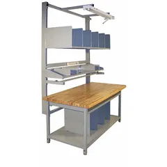 This wood-top packing table features an unfinished gray finish and a tabletop height adjustable from 30 to 36 inches. With a 1000 lb weight capacity, it is suited for packing, assembly, and light-duty workstation applications in warehouses and distribution centers.