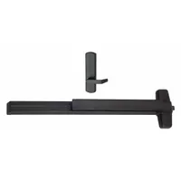 This rim-type exit device features a touchbar style and is designed for doors up to 3 ft wide. It includes a dummy pull outside trim and is ADA compliant for accessible egress. Suitable for commercial applications requiring code-compliant emergency exit hardware