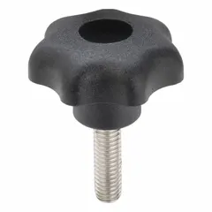 This 7-arm knob features a 32 mm diameter and an M6 threaded stud with 20 mm thread length. The plastic body incorporates a stainless steel thread insert. It is used for manual adjustment, clamping, or positioning on industrial equipment such as machine tools, jigs, and fixtures.