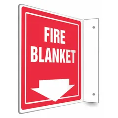 This L-shape projection sign is used to identify fire blanket locations in industrial settings. The 8 in x 8 in sign features mounting holes for secure wall or equipment attachment. It is non-retroreflective, non-glow-in-the-dark, and has no anti-slip surface.