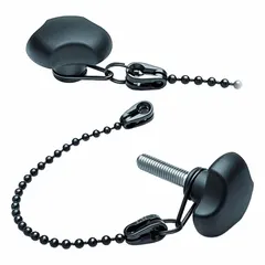 This 3-arm knob features a black POM-based technopolymer body and tether, with a stainless steel M6 threaded stud and a POM seal. The 200 mm tether prevents loss during manual clamping and adjustment tasks. Suitable for applications requiring corrosion resistance in industrial environments.