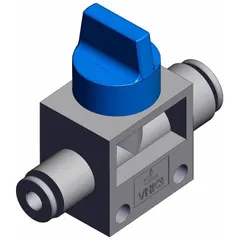 Manual air control valve with knob actuator for starting, stopping, or directing compressed air flow in pneumatic systems. Features 3 ports, 6 mm tubing connections, and a side-ported body with blue actuator. Suitable for panel-mount applications in automation, packaging, and assembly lines.